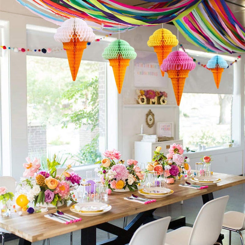 zilue Ice Cream Party Decorations, Hanging Ice Cream Paper Honeycomb Decorations for Birthday Party Baby Shower Two Sweet Party Decor Pack of 5 Mix - Image 4
